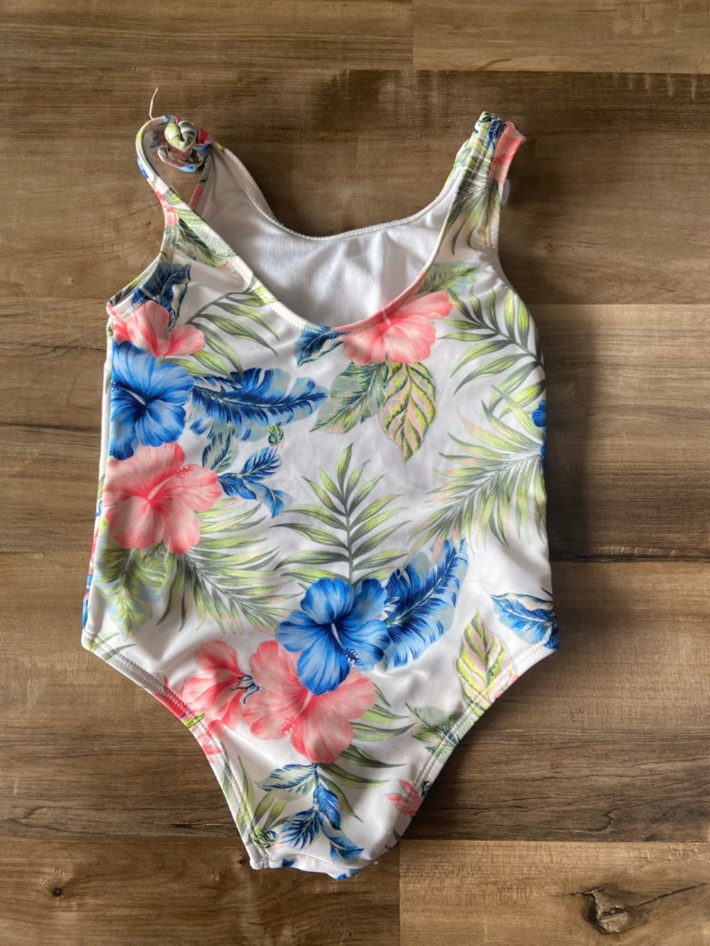 Girls Floral One-Piece Swimsuit - White with Blue & Pink Flowers - Picture 2 of 5